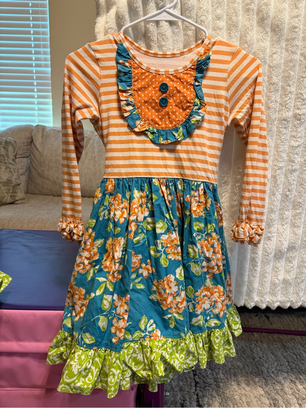 Eleanor Rose Orange Stripe Bodice with Teal Floral Skirt Dress